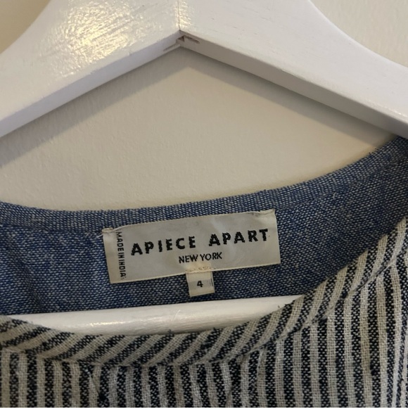 Apiece Apart Navy Blue White Stripe Top Boho Fringe Silk Contrast Short Sleeve - Picture 5 of 8